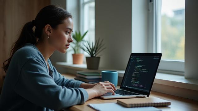 A focused student studying at a desk with a laptop and coding books, ready to prepare for a coding bootcamp.