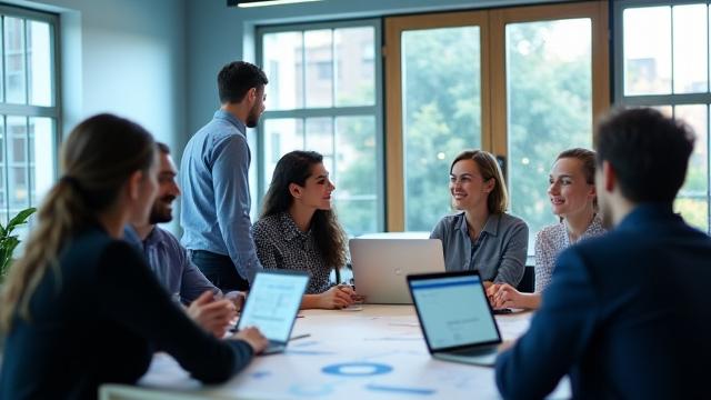 A group of diverse professionals engaging in a corporate training session, with laptops and whiteboards, highlighting the benefits of tech training for businesses.