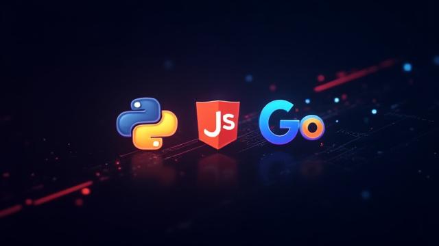 A diverse set of programming language logos, representing Python, JavaScript, Java, C++, and Go, symbolizing essential languages for 2024.
