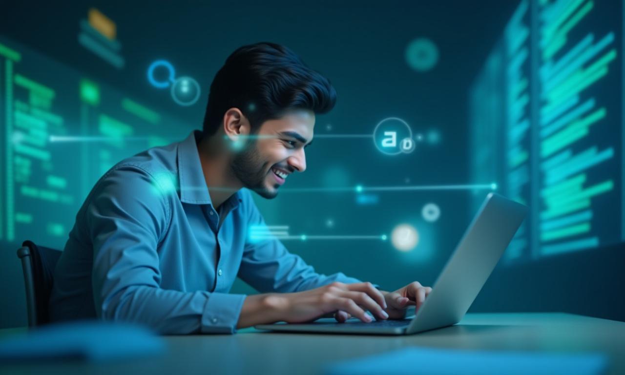 Student enthusiastically coding on a laptop, surrounded by programming concepts and lines of code.