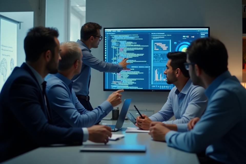 Diverse team collaborating during a corporate tech training session, looking engaged and innovative.