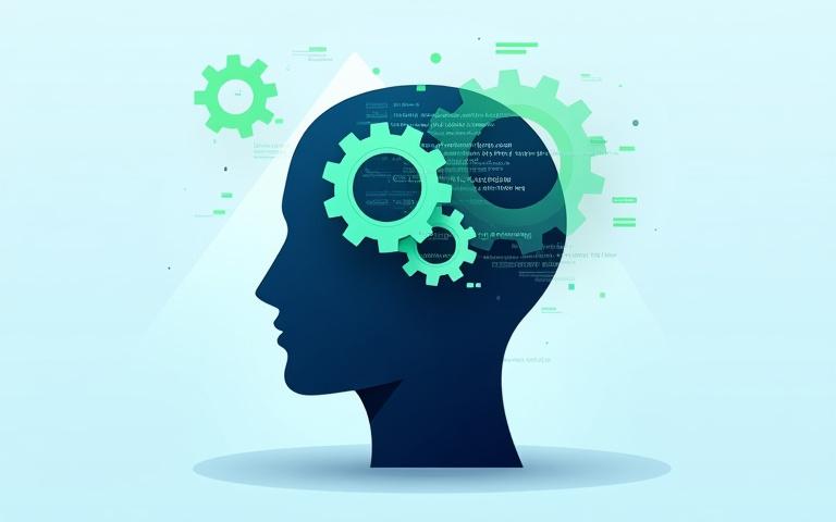 Abstract depiction of a brain with gears and code snippets, symbolizing computational thinking and problem-solving.