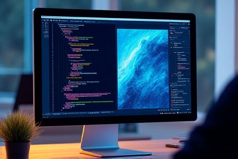 Computer showing web code and a browser with a website, symbolizing web development.